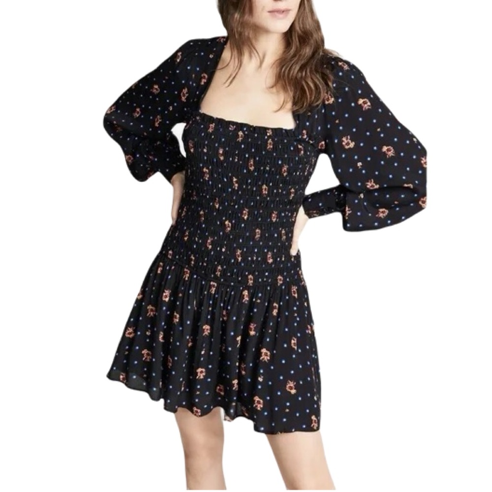 NWT - Free People ‘Two Faces’ Smocked Floral Print Mini Dress, Black